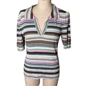 REITMANS Striped Ribbed V Neck Collar Top